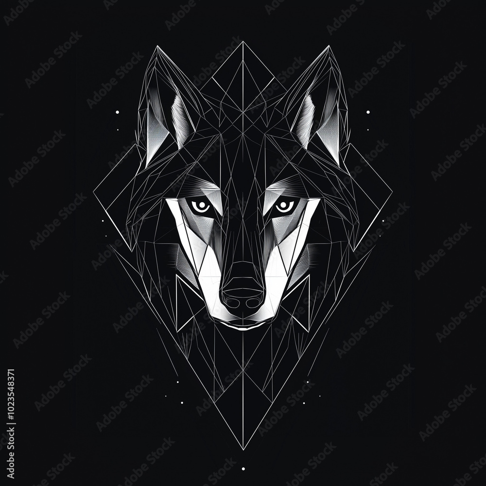 Obraz premium minimalist black and white geometric wolf portrait with captivating eyes and starry backdrop