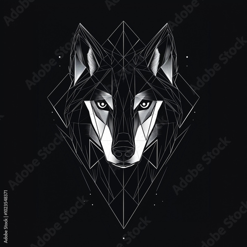 minimalist black and white geometric wolf portrait with captivating eyes and starry backdrop