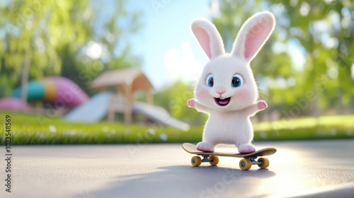 Cute Cartoon Bunny Rabbit Riding Skateboard in Green Outdoor Nature Setting