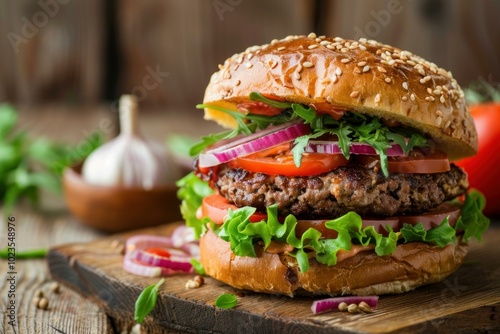 Juicy homemade burger with fresh vegetables and a sesame bun resting on a wooden board