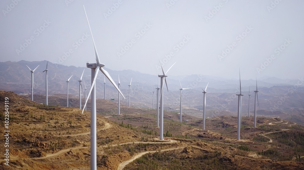 rows of wind turbines stretch across the horizon, each representing China ambition to lead in renewable energy. Crisp, clean visuals highlighting China's green energy future. rows of wind turbines stretch across the horizon, each representing China ambition to lead in renewable energy. Crisp, clean visuals highlighting China's green energy future.
