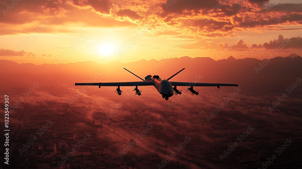 A drone flying over a landscape during sunset, showcasing its silhouette against a dramatic sky. A drone flying over a landscape during sunset, showcasing its silhouette against a dramatic sky.