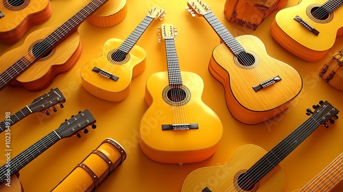 A high-resolution illustration of acoustic guitars, ukuleles, and harmonicas arranged in a layered wave pattern on a pastel yellow background. photo