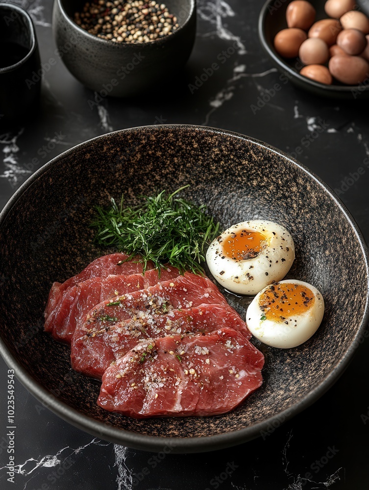 Sliced raw beef, finely marbled and seasoned with fresh herbs, rests alongside perfectly soft-boiled eggs, garnished and displayed on a stylishly speckled dish for a refined meal. Sliced raw beef, finely marbled and seasoned with fresh herbs, rests alongside perfectly soft-boiled eggs, garnished and displayed on a stylishly speckled dish for a refined meal.