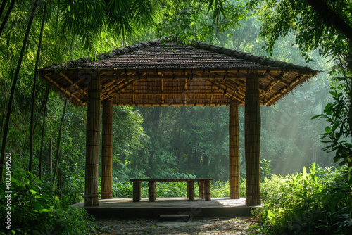 Sun rays illuminating a bamboo gazebo in a lush green forest