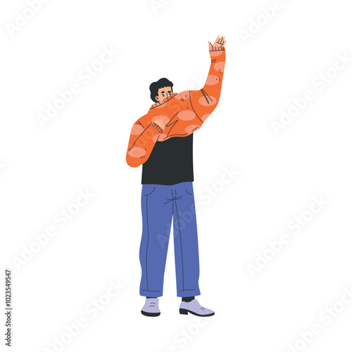 Man Character Dress Up Put On Sweater Clothes Vector Illustration