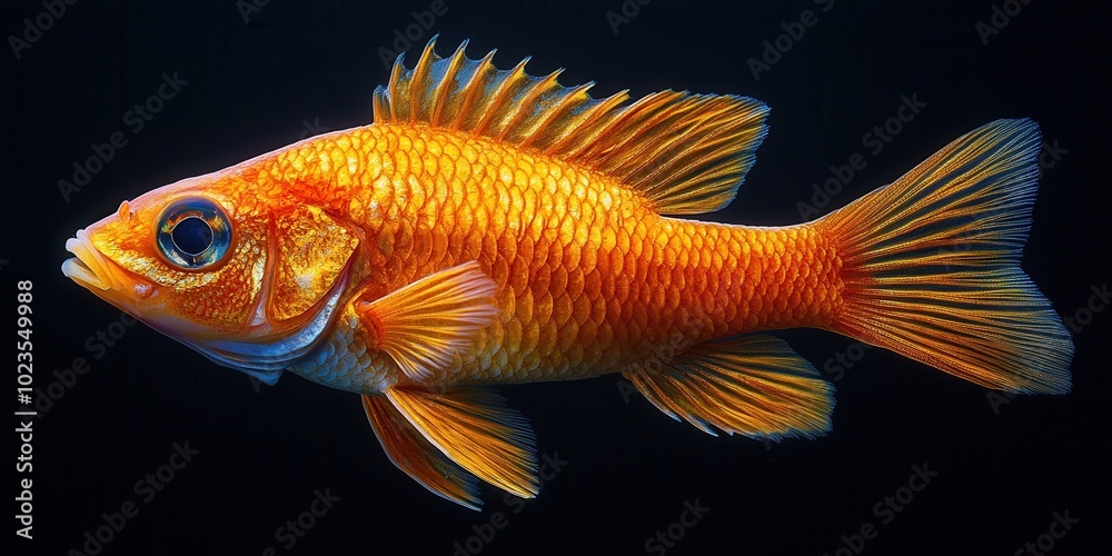 Fototapeta premium Vividly illuminated, this goldfish displays a rich golden hue with intricate scale patterns and graceful fins, capturing the essence of underwater beauty in stunning detail.