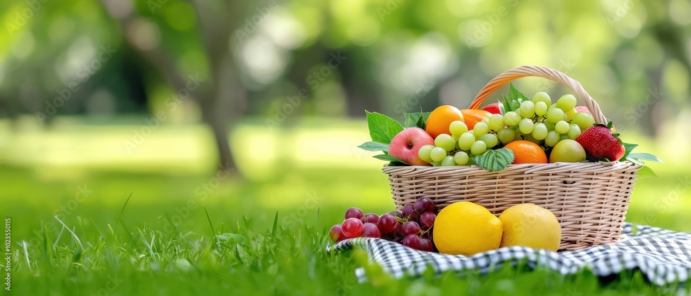 A vibrant basket filled with assorted fruits resting on green grass, perfect for summer picnics and healthy living. A vibrant basket filled with assorted fruits resting on green grass, perfect for summer picnics and healthy living.