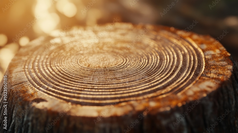 A close-up of a tree stump showcasing its circular growth rings illuminated by sunlight. A close-up of a tree stump showcasing its circular growth rings illuminated by sunlight.