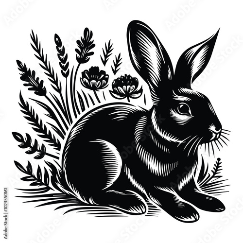 A monochrome drawing of a rabbit with an assortment of carrots and other vegetables nearby