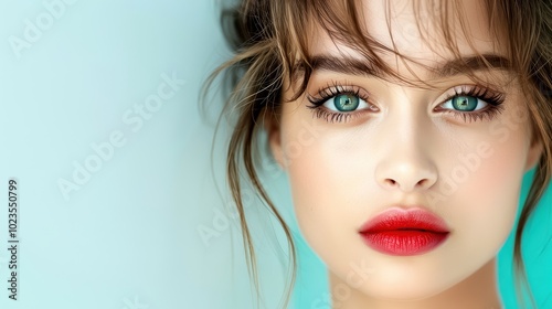 Portrait of a young woman with striking green eyes and red lips against a softly colored background.