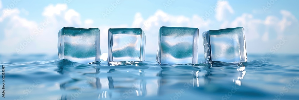 Ice cubes floating on water surface, reflecting blue sky and clouds, creating a refreshing and calming atmosphere. Ice cubes floating on water surface, reflecting blue sky and clouds, creating a refreshing and calming atmosphere.