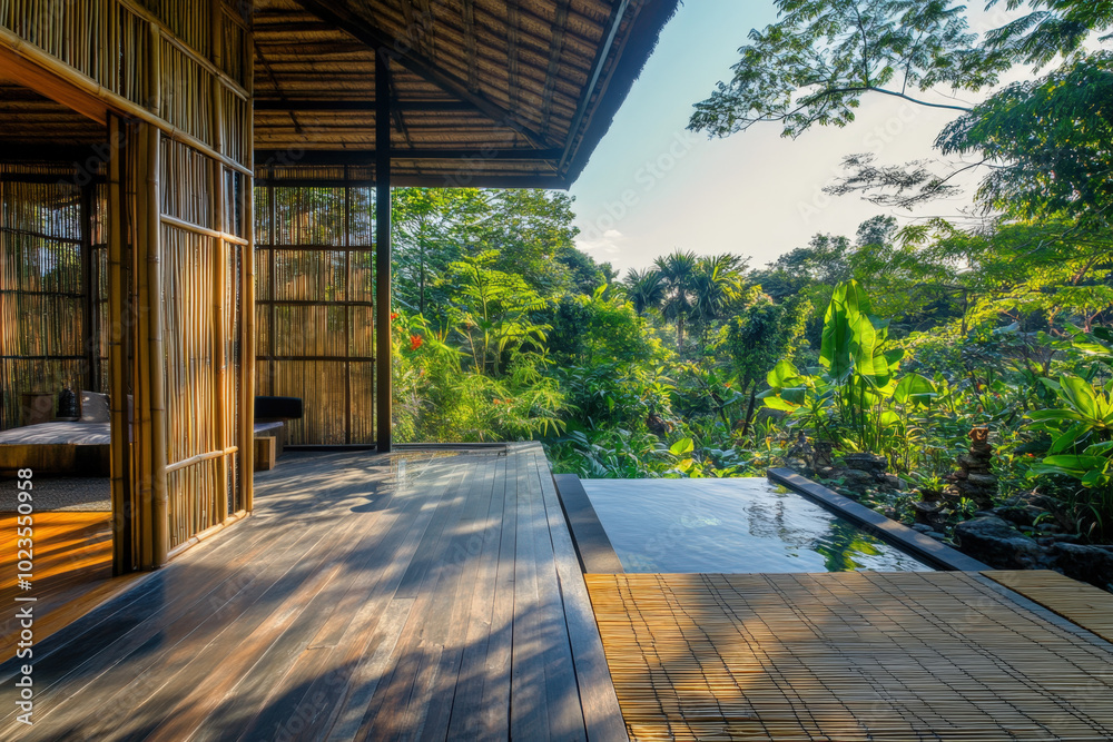 Luxurious bamboo villa interior opening onto a lush tropical forest with a private plunge pool Luxurious bamboo villa interior opening onto a lush tropical forest with a private plunge pool