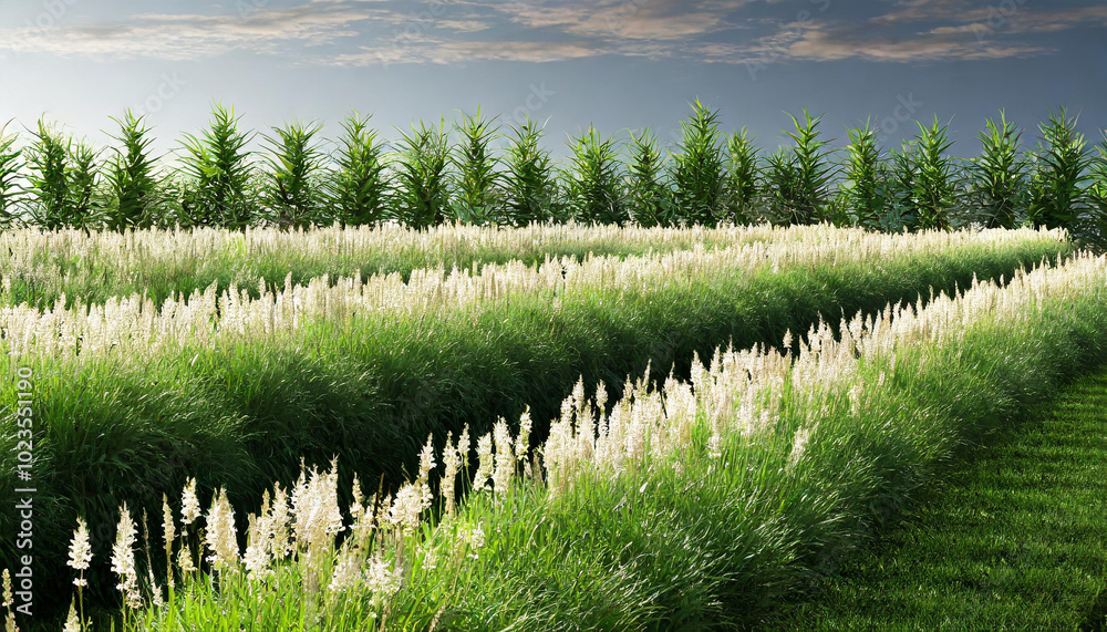 Lush fields with blooming flowers and verdant grass under a serene sky at twilight in a rural landscape Lush fields with blooming flowers and verdant grass under a serene sky at twilight in a rural landscape