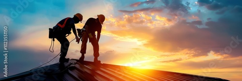 Roofers working on a building during sunset, showcasing teamwork and construction skills in an outdoor setting.