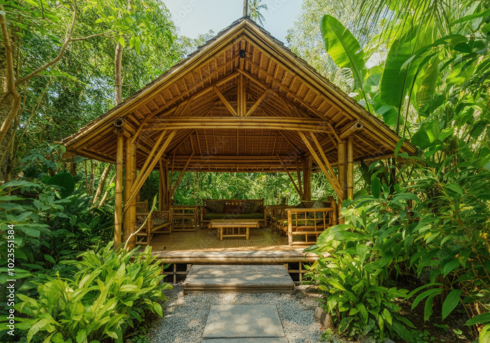 Luxurious bamboo house with thatched roof surrounded by lush greenery, offering a tranquil escape in nature Luxurious bamboo house with thatched roof surrounded by lush greenery, offering a tranquil escape in nature