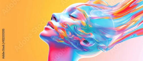 Abstract representation of a serene face with colorful flowing hair.