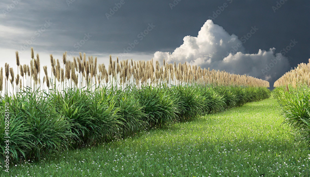 Lush green pathway bordered by tall grass under dramatic cloud formations on a sunny day Lush green pathway bordered by tall grass under dramatic cloud formations on a sunny day