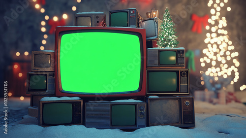 stack of old televisions winter christmas theme outdoors stacks tvs green screen monitor cinematic dynamic composition scene winter media outdoor snow time realistic 3d rendering set of monitors