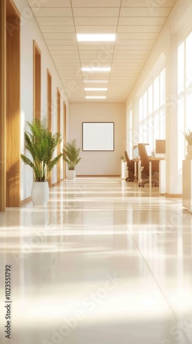 Dynamic Central Corridor Scene in Modern Office with Dedicated Employees Working on Computers and Blank Screen Ahead