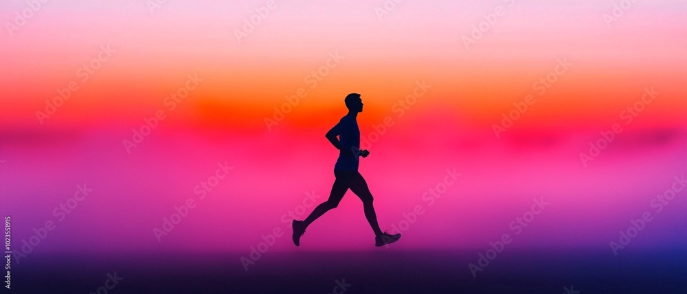 Naklejka premium Solitary Jogger at Dawn - Silhouette of a Person Running in Misty Isolation and Introspection, Wide Shot Atmospheric Photo