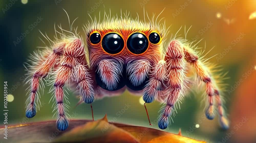 A colorful, furry spider with large eyes perched on a leaf in a vibrant, dreamy background.