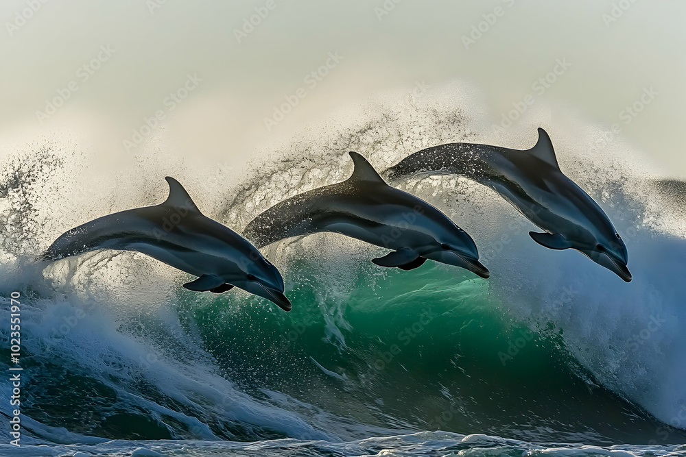 Fototapeta premium Three dolphins leap over a wave in the ocean.
