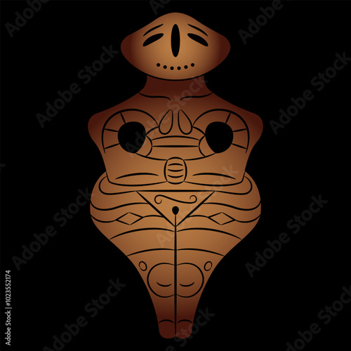 Neolithic fertility goddess. Ancient female figurine from Vinča culture, Serbia. Great Mother archetype. Monochrome brown silhouette on black background.