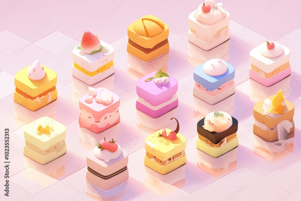 A Collection of Square Cakes with Various Toppings on Pink Tiles A Collection of Square Cakes with Various Toppings on Pink Tiles
