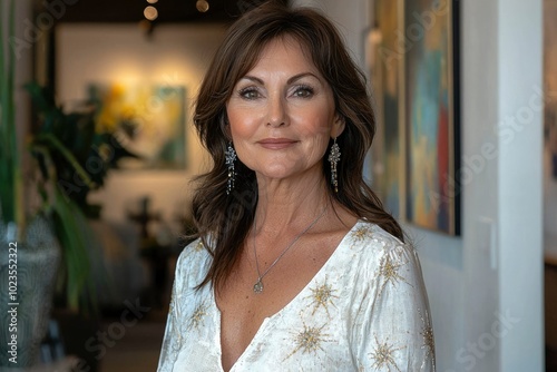 Portrait of a Middle-Aged Woman with Brown Hair and White Blouse