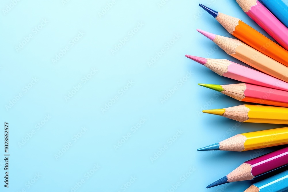 Fototapeta premium Colored pencils lined up on a blue background for creative designs.