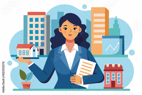 A businesswoman with a model building on hand showing as a project  colorful vector illustration 