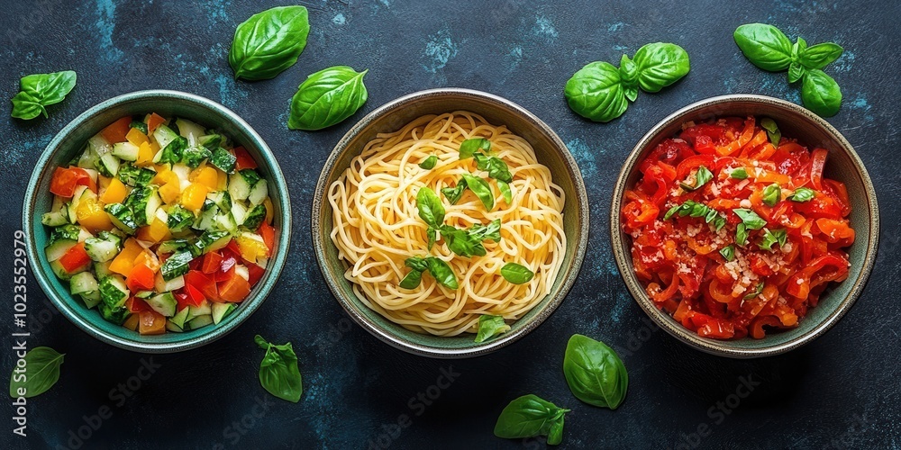 Featuring three bowls of Italian pasta dishes garnished with fresh herbs, this image celebrates the vibrant flavors and freshness of Italian cuisine, inviting the viewer's appetite. Featuring three bowls of Italian pasta dishes garnished with fresh herbs, this image celebrates the vibrant flavors and freshness of Italian cuisine, inviting the viewer's appetite.