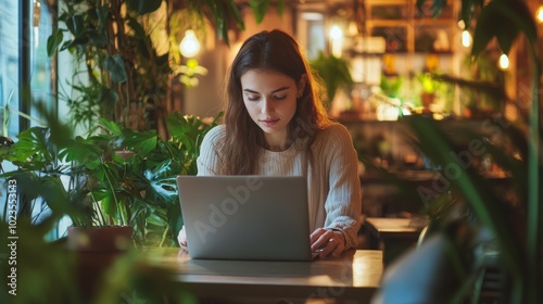 A young professional using a laptop in a cozy coffee shop, surrounded by plants and soft lighting, blending work and relaxation