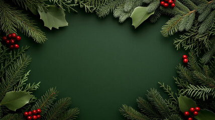 A festive arrangement of evergreen branches, holly leaves, and red berries creates beautiful holiday frame against dark green background, perfect for seasonal greetings