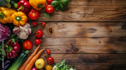 A rustic display of fresh veggies- carrots, bell peppers, tomatoes, onions, and garlic- on a wooden table. Cozy and vibrant arrangement.