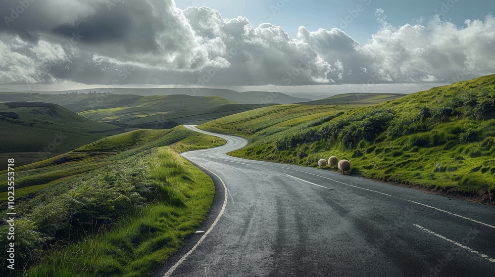 Fototapeta premium Tranquil Journey Serene Road Amidst Lush Hills and Grazing Sheep under Dramatic Sky