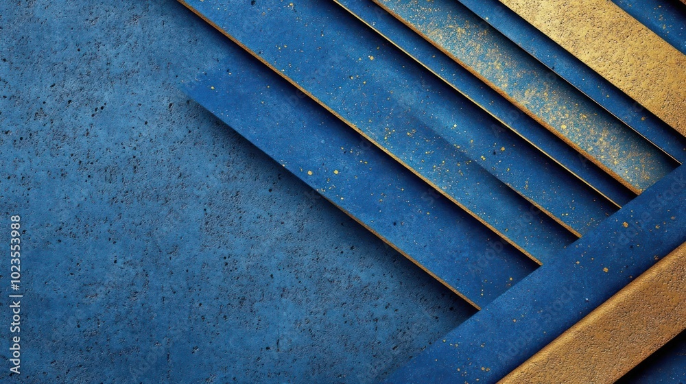 Abstract design featuring layered blue and gold shapes with a textured background. Abstract design featuring layered blue and gold shapes with a textured background.