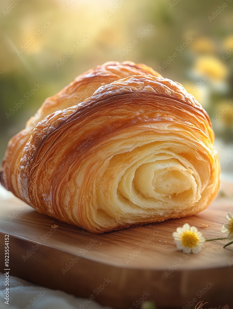Fototapeta premium A delicious, golden-brown flaky pastry sits enticingly on a wooden board, showcased under gentle light that highlights its multi-layered texture, inviting indulgence and joy.