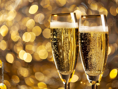 Cheers to celebration with two elegant champagne flutes filled with sparkling bubbly against backdrop of shimmering golden lights, creating festive atmosphere