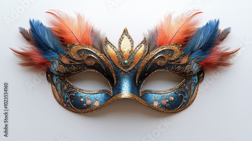 A stylish New Year's mask with feathers and glitter, isolated on white background. 