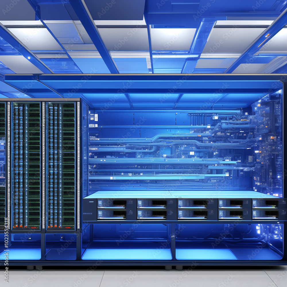 Obraz premium Data center server room interior. AI generated illustration