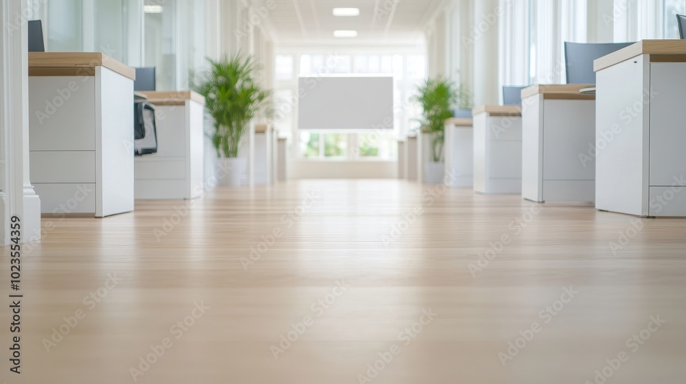 Fototapeta premium Modern Open-Plan Office with Desks and Blank Screen in Corridor