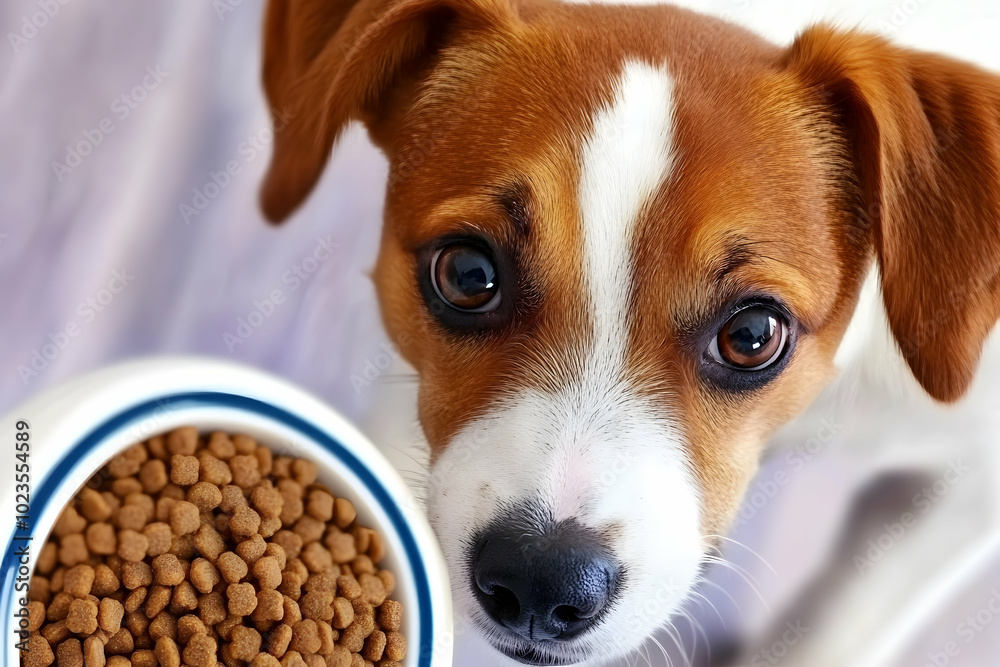 A small brown and white dog looks up expectantly at the camera with a bowl of dog food in front of it. A small brown and white dog looks up expectantly at the camera with a bowl of dog food in front of it.