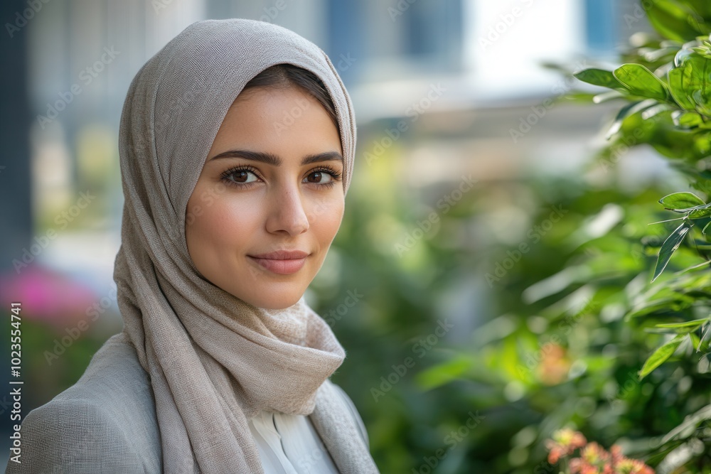 A sophisticated woman in a grey hijab stands gracefully in a natural setting, her demeanor exuding calm confidence and composure amidst greenery and blossoms. A sophisticated woman in a grey hijab stands gracefully in a natural setting, her demeanor exuding calm confidence and composure amidst greenery and blossoms.