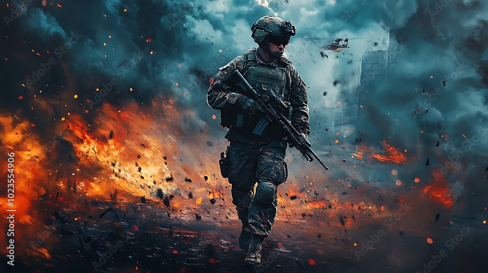 A soldier navigates through a war-torn landscape amidst explosions and chaos. A soldier navigates through a war-torn landscape amidst explosions and chaos.