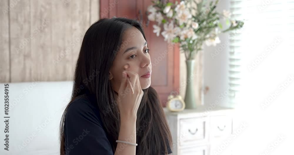 Asian woman applying makeup in the morning, using a small brush near her eye. Soft lighting illuminates her face, and floral decor is visible in the background. expression during her beauty routine. Asian woman applying makeup in the morning, using a small brush near her eye. Soft lighting illuminates her face, and floral decor is visible in the background. expression during her beauty routine.