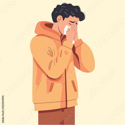 Male character sneezing or coughing Man blowing his nose in handkerchief Flat vector illustration