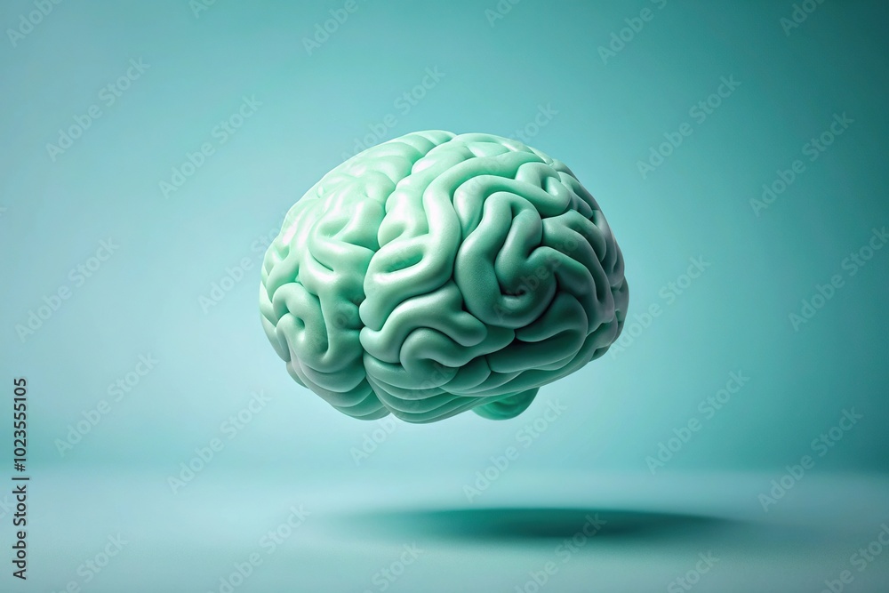 Isolated mint green brain against light blue background Isolated mint green brain against light blue background