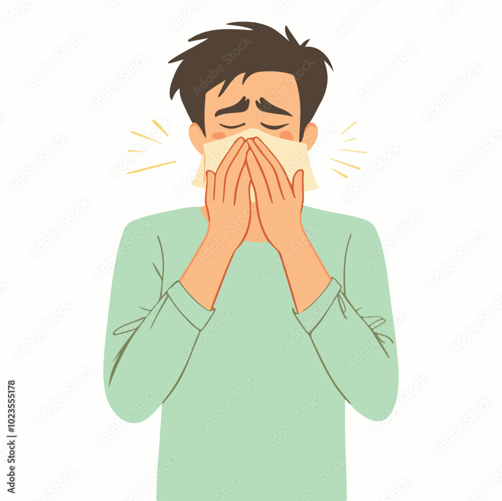 Male character sneezing or coughing Man blowing his nose in handkerchief Flat vector illustration Male character sneezing or coughing Man blowing his nose in handkerchief Flat vector illustration